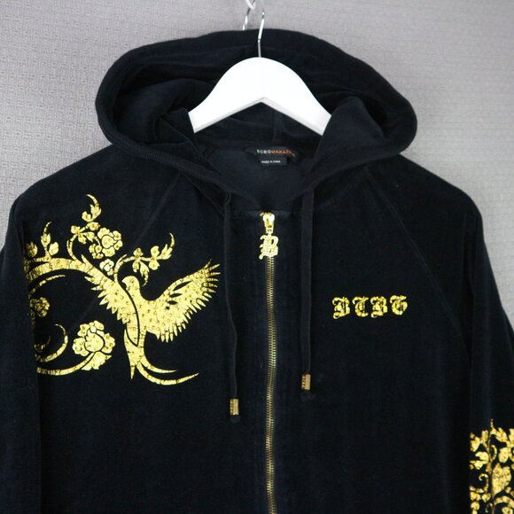BCBGMAXAZRIA Velour Rhinestone Gold Floral Y2K Grunge Hoodie Large Velvet - Picture 3 of 6